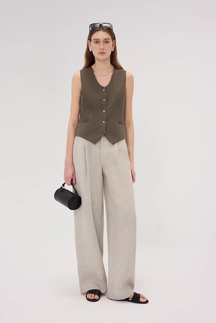 Linen Blend Fitted Teardrop Neck Sleeveless Vest Top_BDHL8226