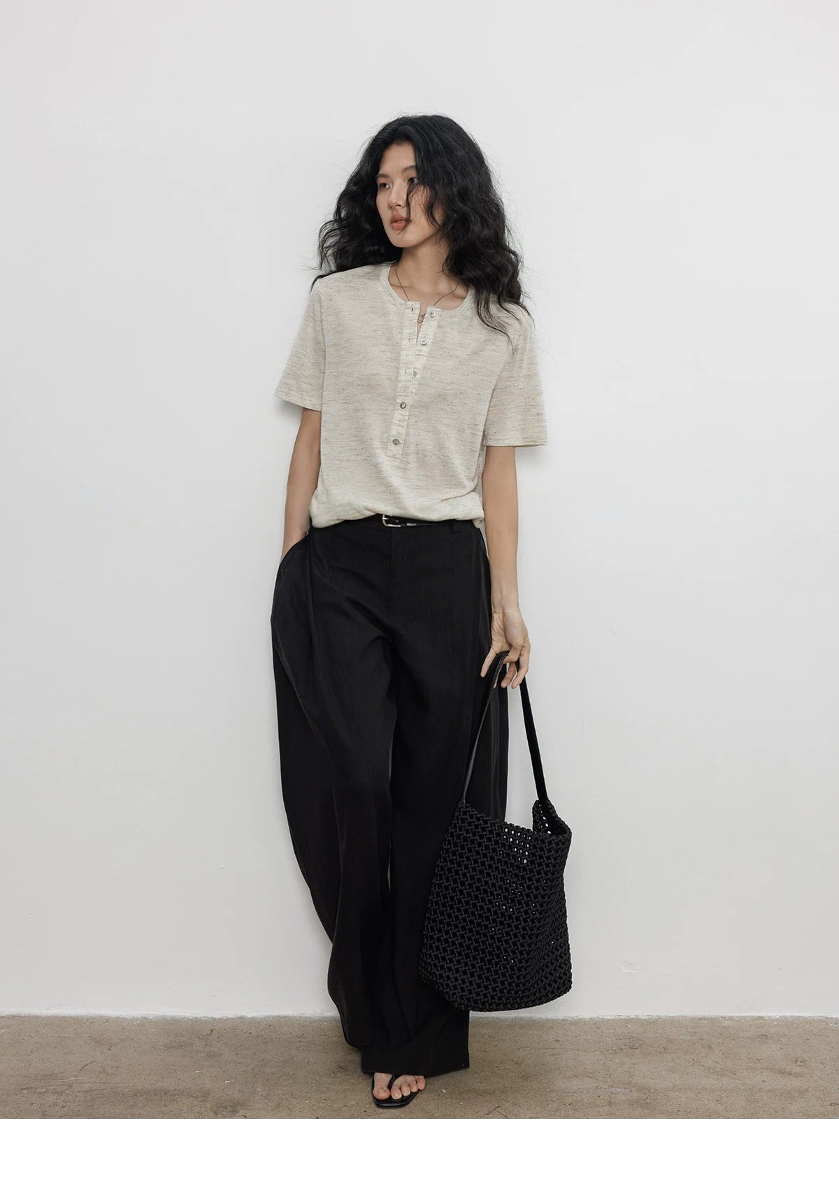 Henley Neck Linen Blend Tee_BDHL8361