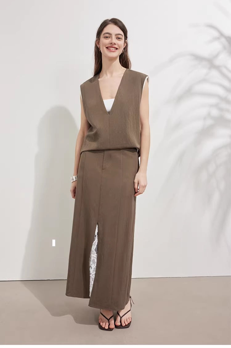 Tencel Lace-Trim Vest & Slit Skirt Set_BDHL8224