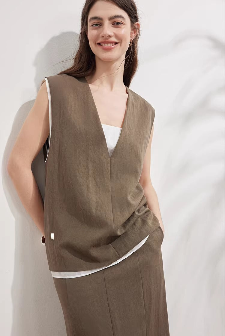 Tencel Lace-Trim Vest & Slit Skirt Set_BDHL8224