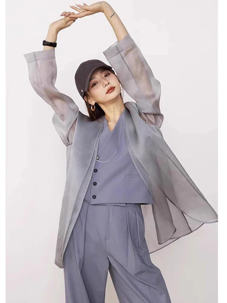 Sheer Silk Organza Collarless Long Jacket_BDHL8253