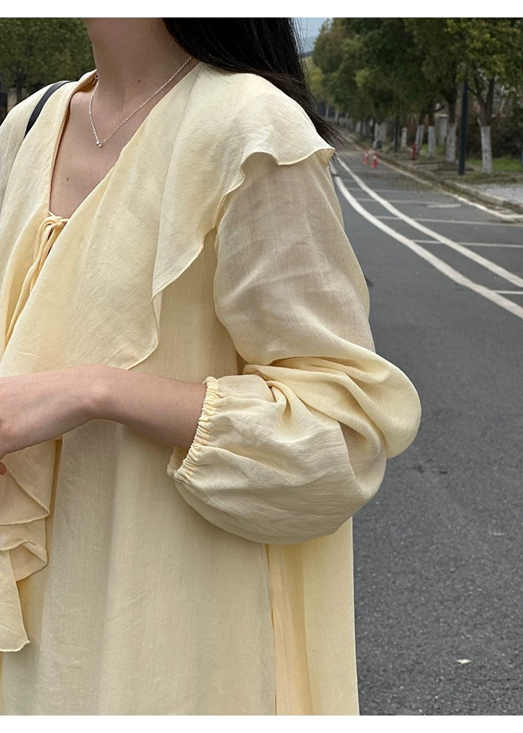 Ruffle V-neck Puff Sleeve Loose Long Dress_BDHL8262