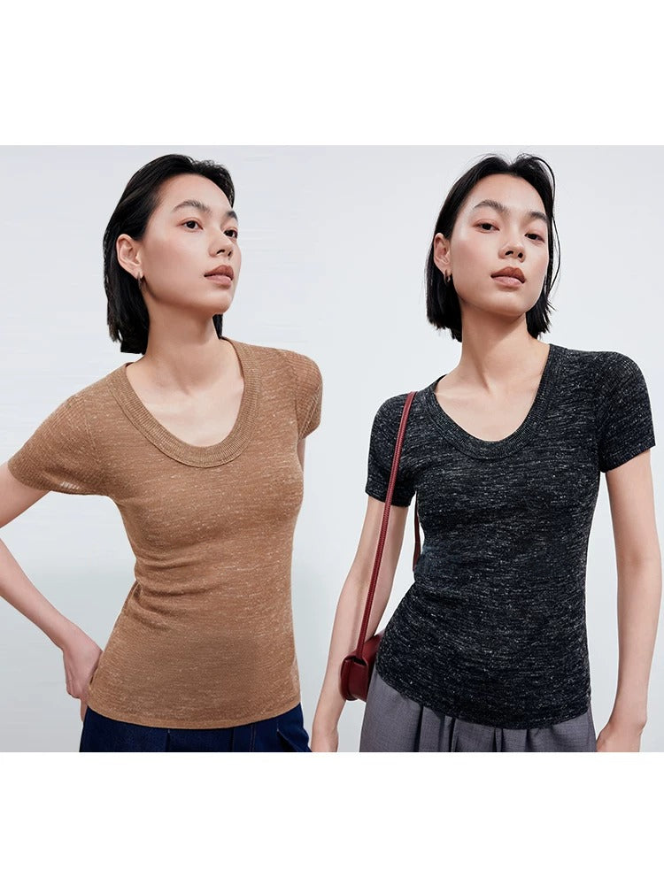 Linen Blend U-Neck Knit Tee_BDHL8347