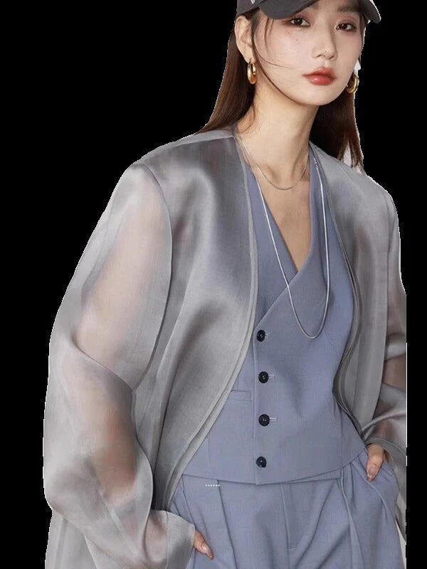 Sheer Silk Organza Collarless Long Jacket_BDHL8253