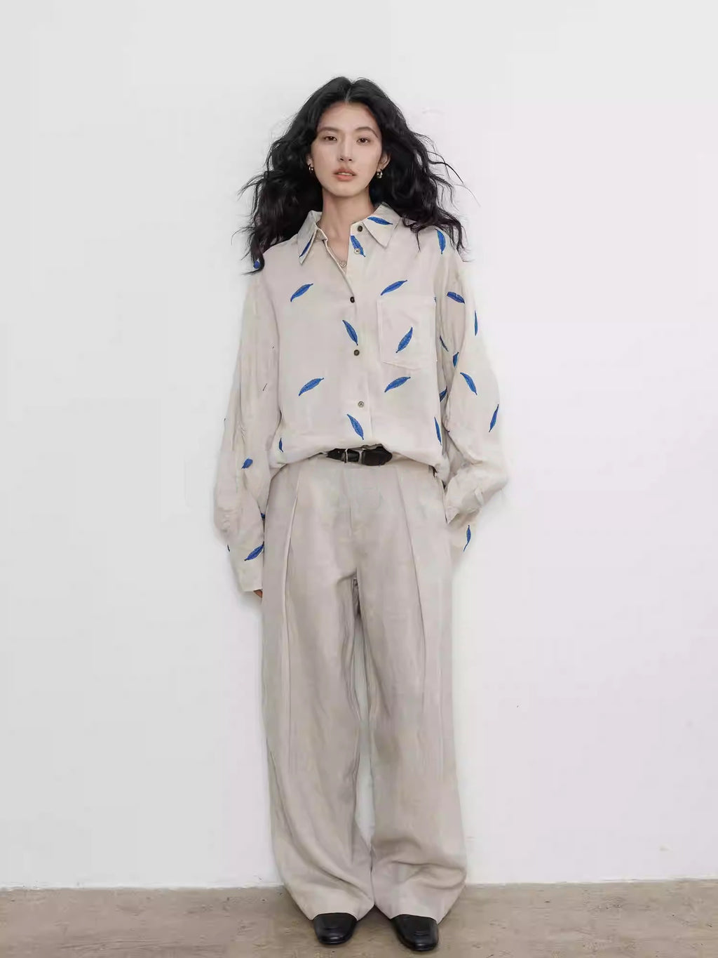 Spring Tencel Ramie Long Sleeve Embroidered Shirt_BDHL8204