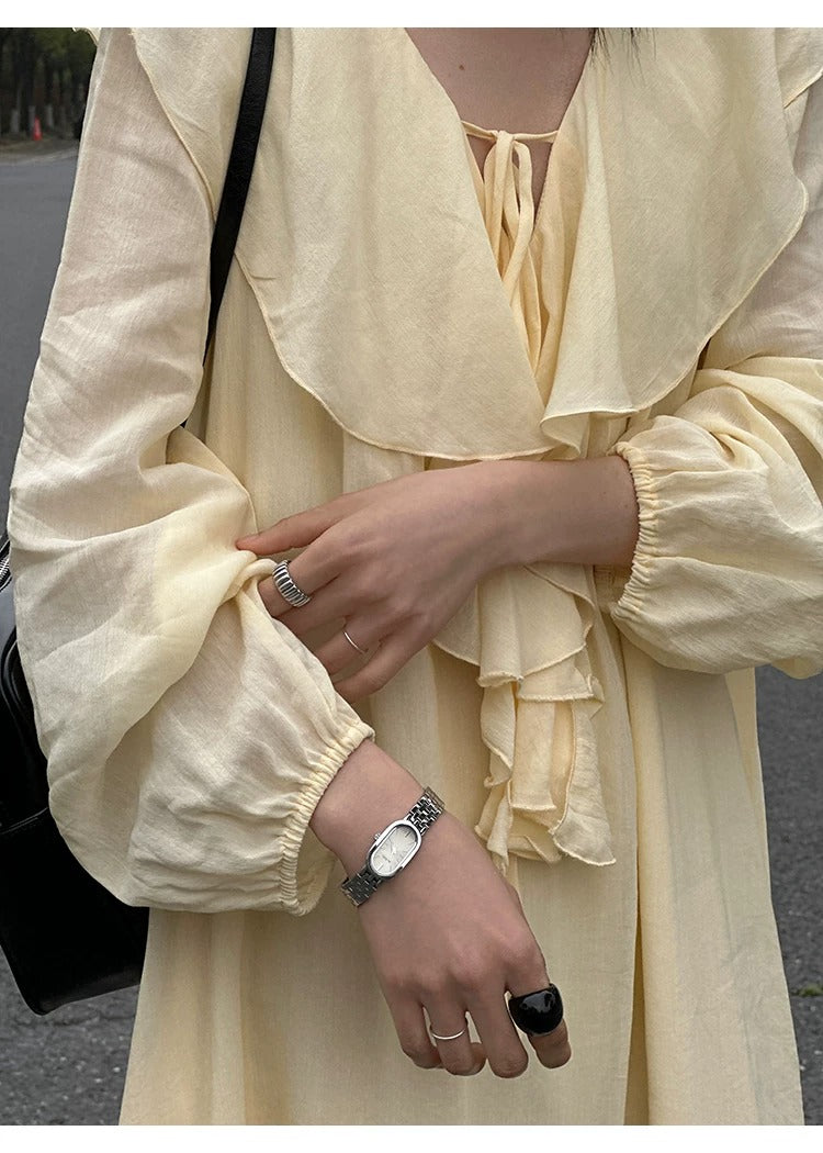Ruffle V-neck Puff Sleeve Loose Long Dress_BDHL8262