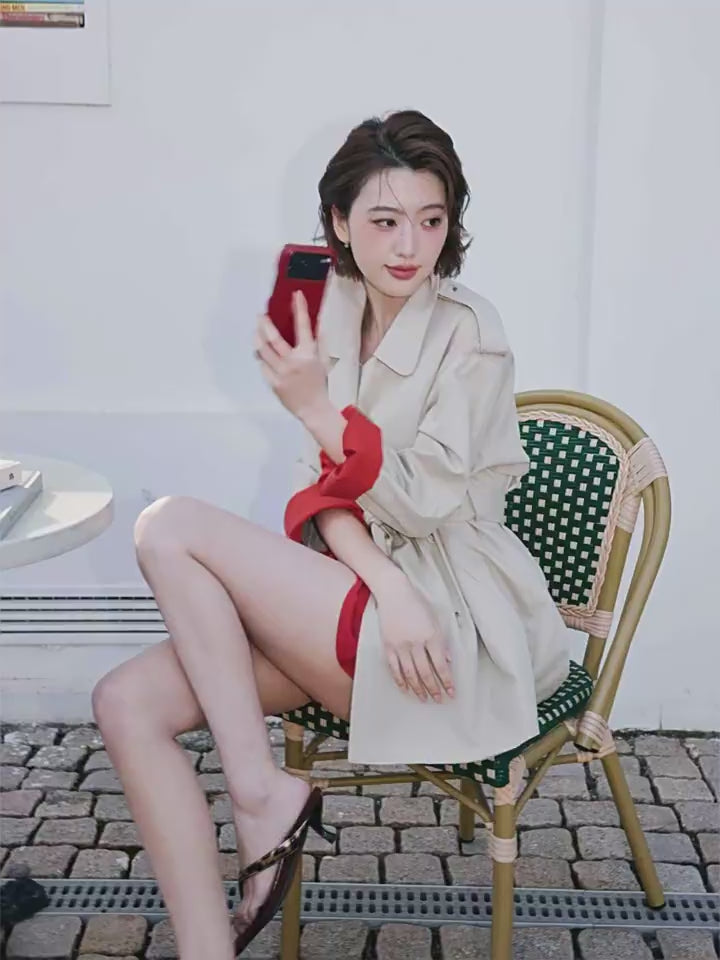 撞色縫線綁帶短版大衣_BDHL8236