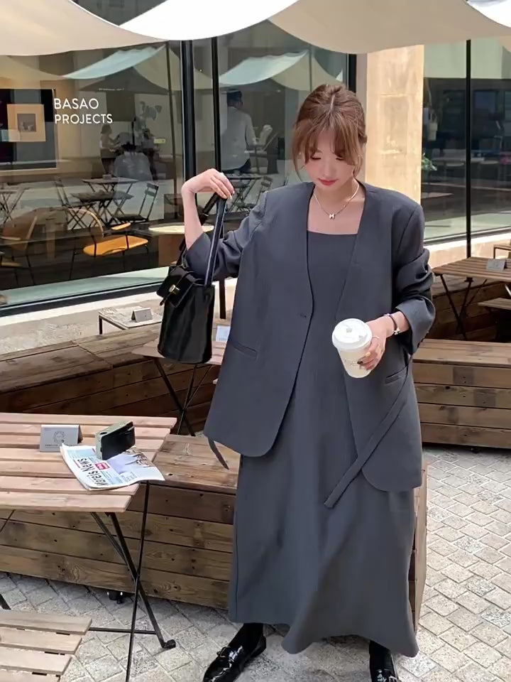 No Collar Jacket And Dress Suit Set_BDHL7562