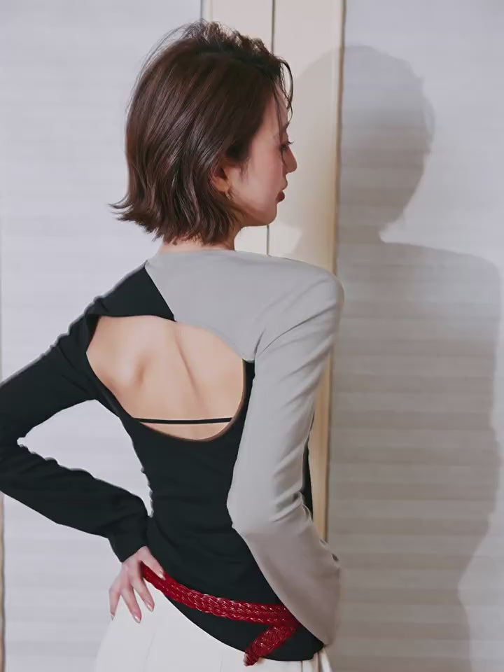 Contrast Sleeve Backless Cutout Knit Top_BDHL8243