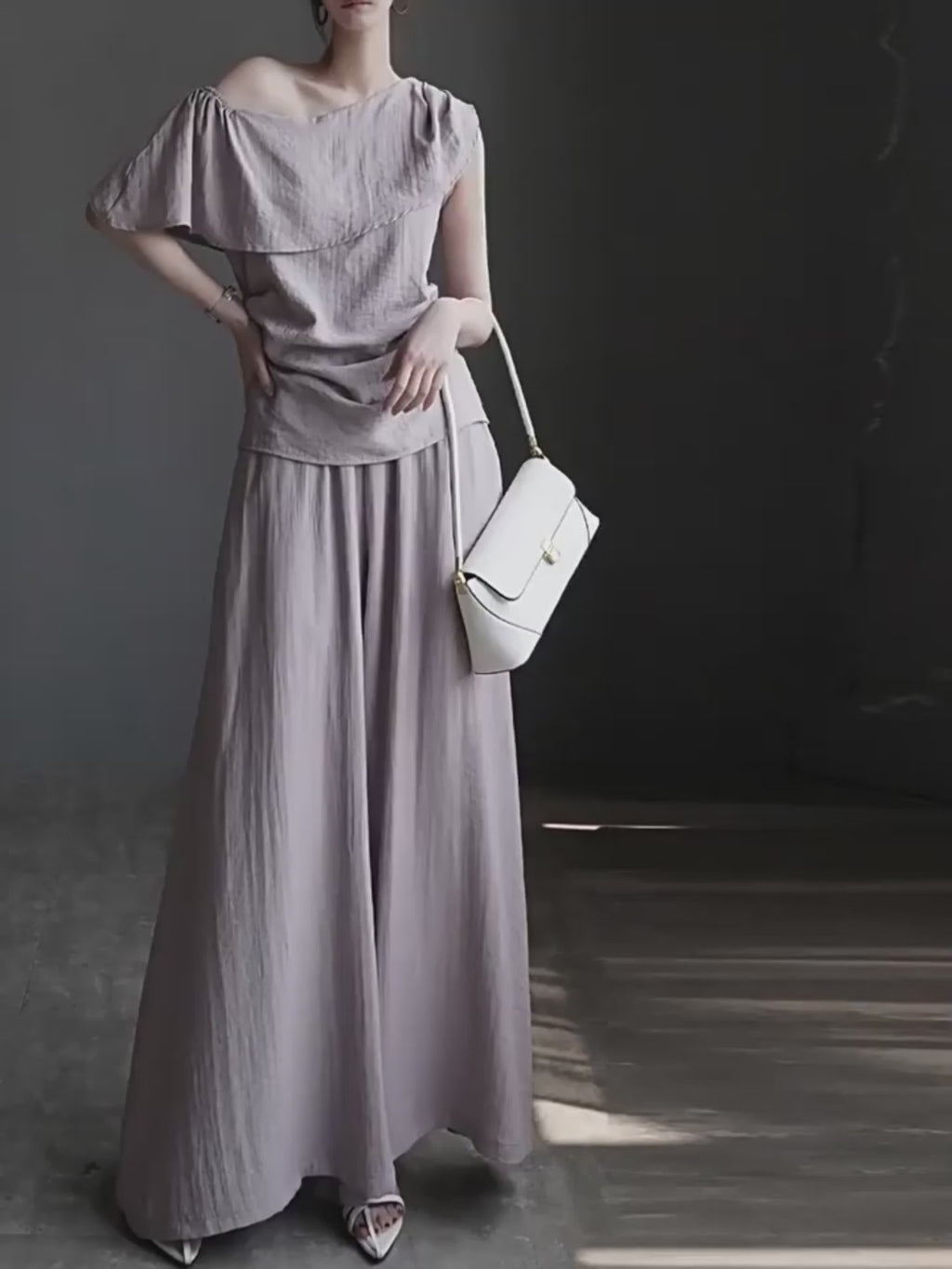 Ruffle Shoulder Top and Wide Pants Set_BDHL8354