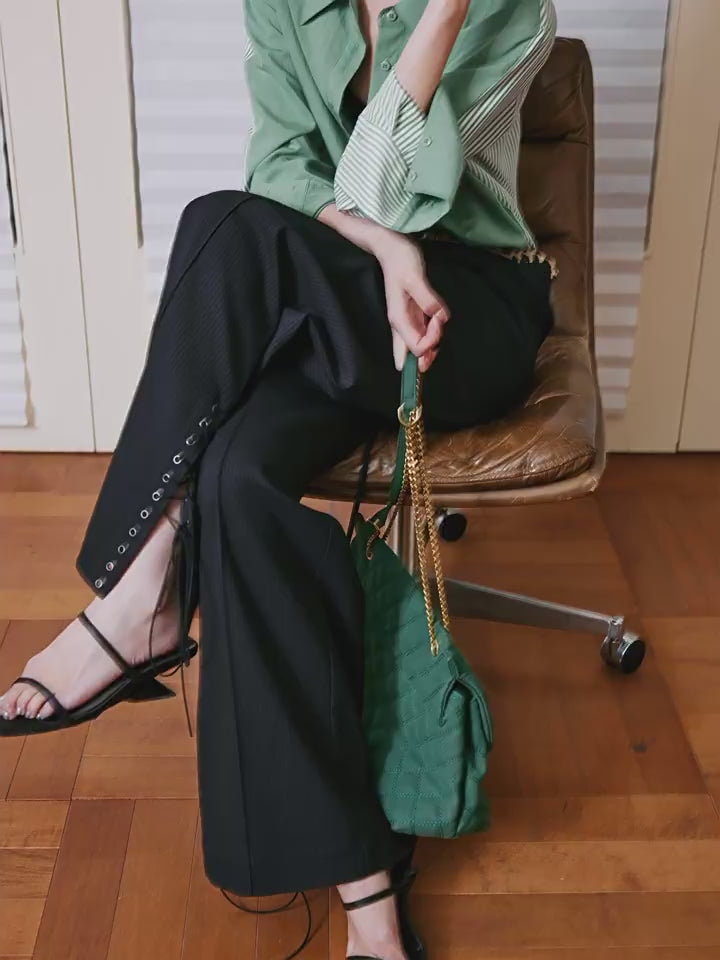 Black Lace-Up Side Low-Rise Wide Pants_BDHL8240