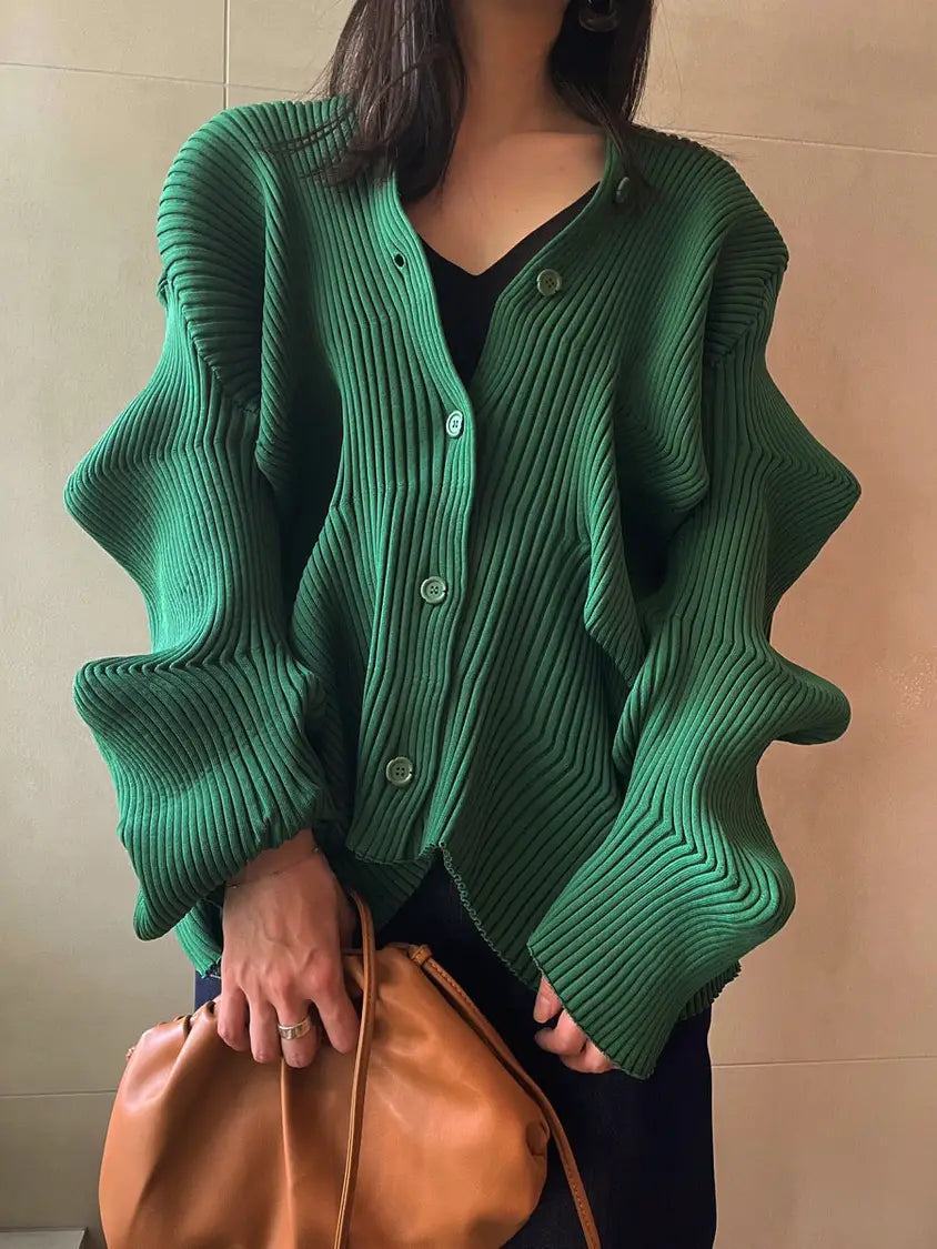 Green deformation ribbed cardigan H3386