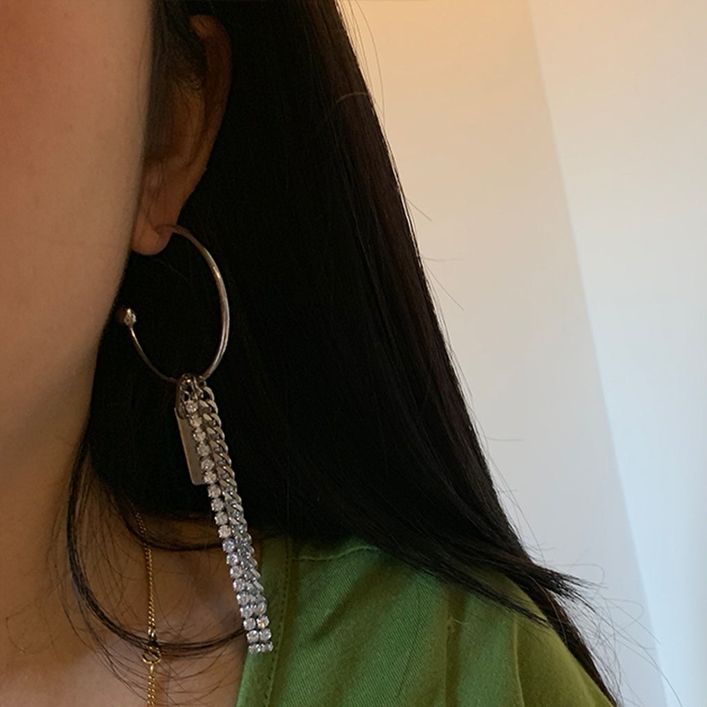 Tassel Chain Hoop Asymmetrical Earrings_5512