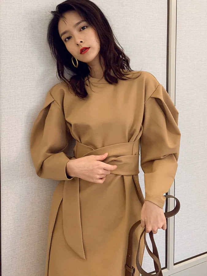 Lantern Sleeve High Waist Ribbon Belt Dress_BDHL4319