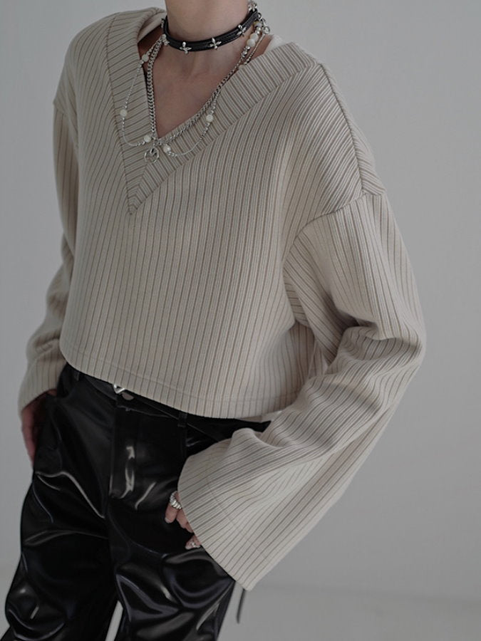 Deep V-neck cropped rib knit HL4082