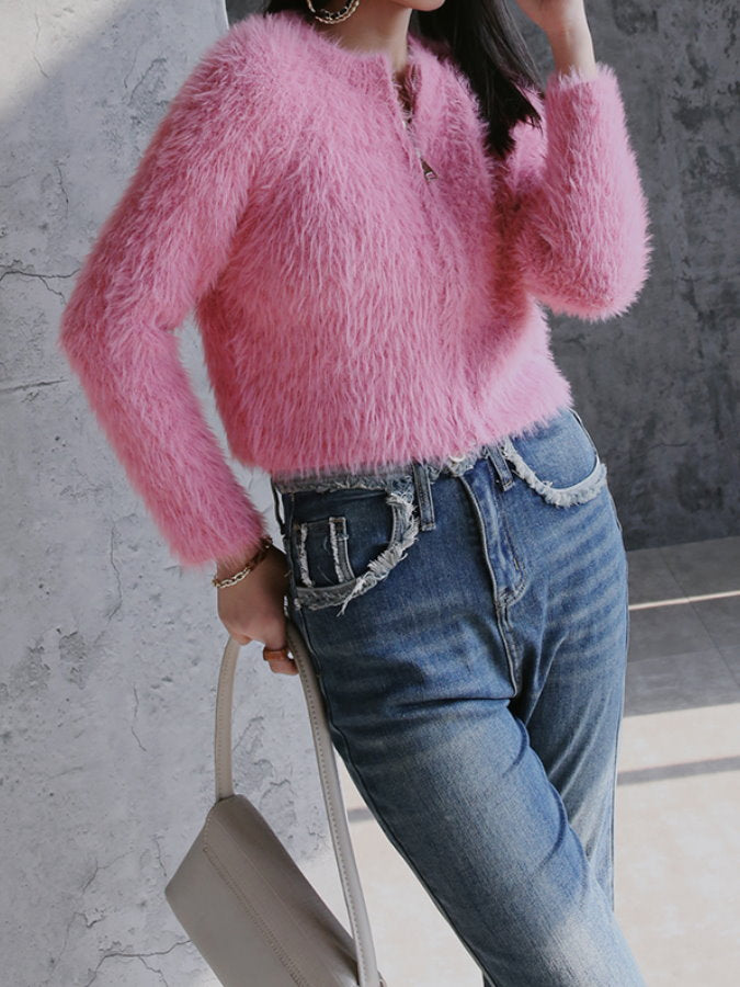 Zip-up cropped shaggy knit_BDHL4343