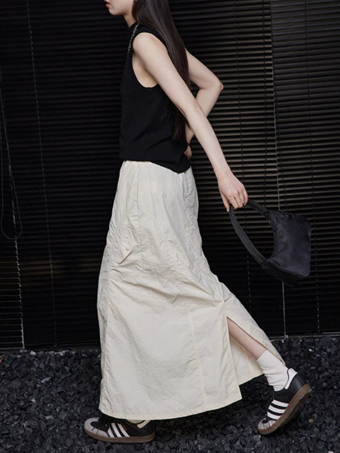 Diagonal Pockets Back Slit Long Skirt_BDHL4465