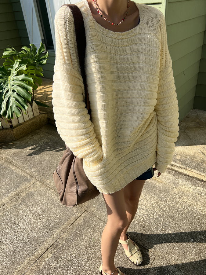 Square Neck Loose Knit Pullover_BDHL4357