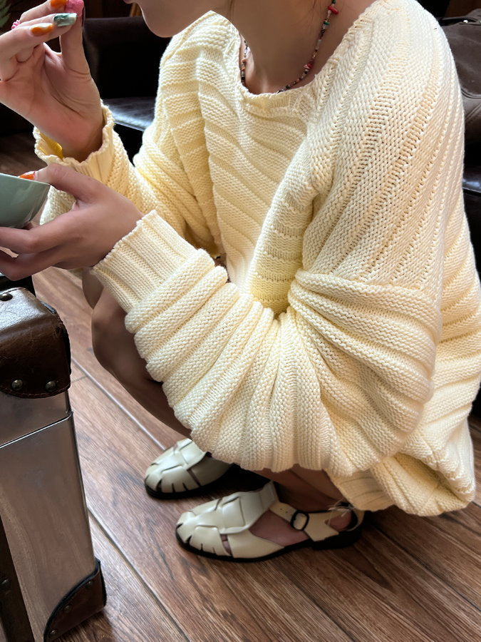 Square Neck Loose Knit Pullover_BDHL4357