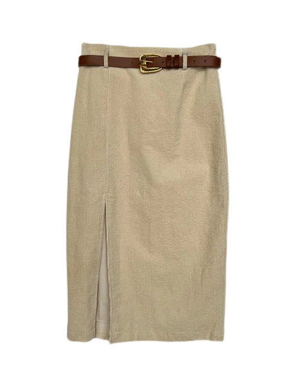 Corduroy deep slit mid-length skirt_BDHL4340