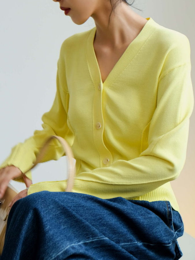 Ribbed Trim V-Neck Cardigan HL9792