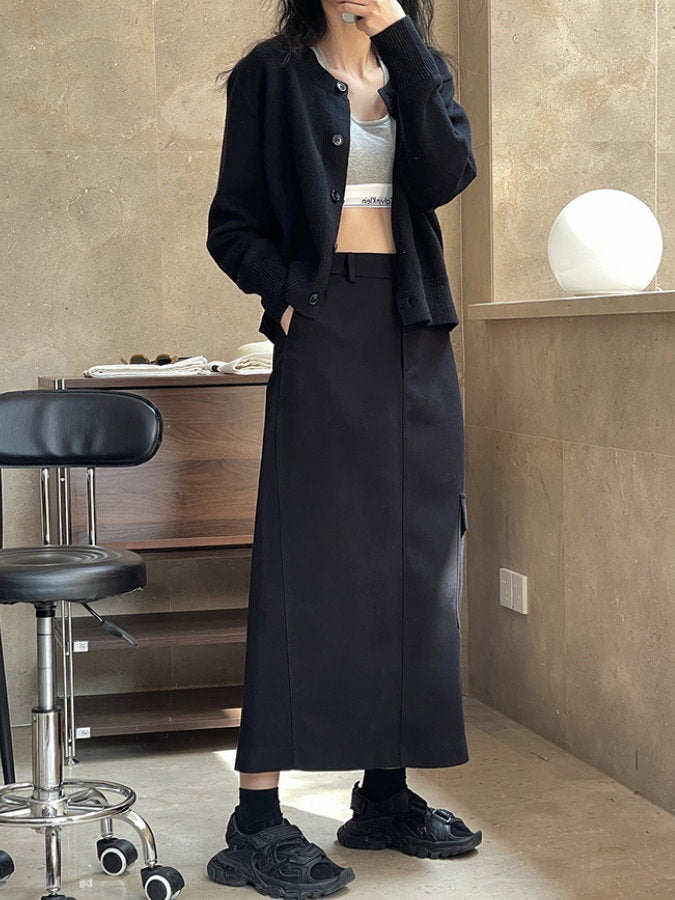 Patch Pocket Long Slit Skirt HL3836