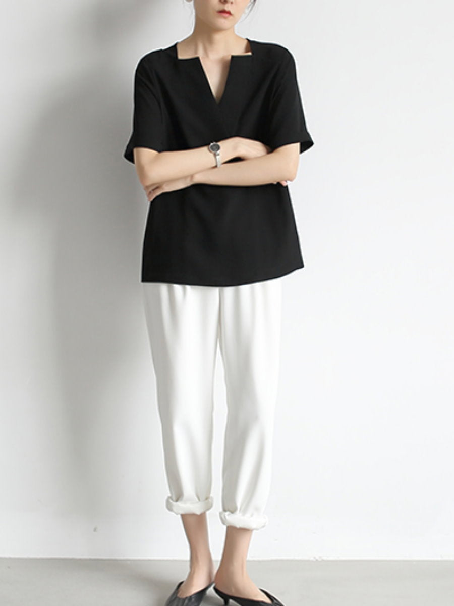 Deep V-neck chiffon shirt_8977