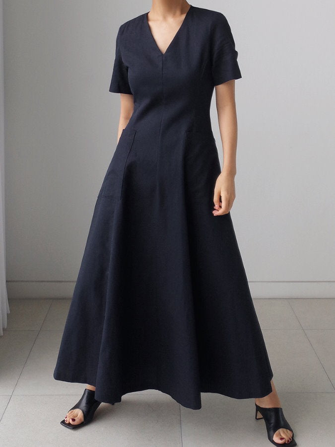 Waist Shape V Neck Flared Dress_HL3627