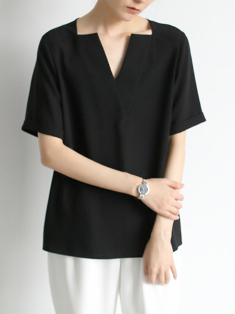 Deep V-neck chiffon shirt_8977