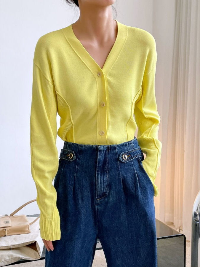 Ribbed Trim V-Neck Cardigan HL9792