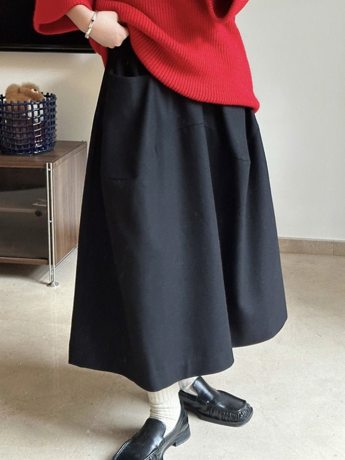 Waist Elastic A-Line Wool Skirt_BDHL4388