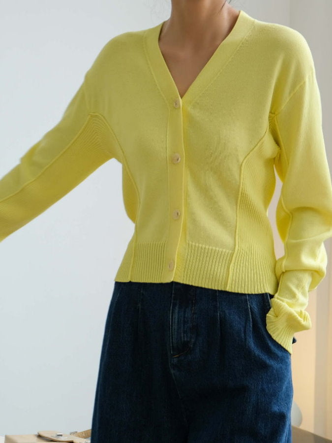 Ribbed Trim V-Neck Cardigan HL9792