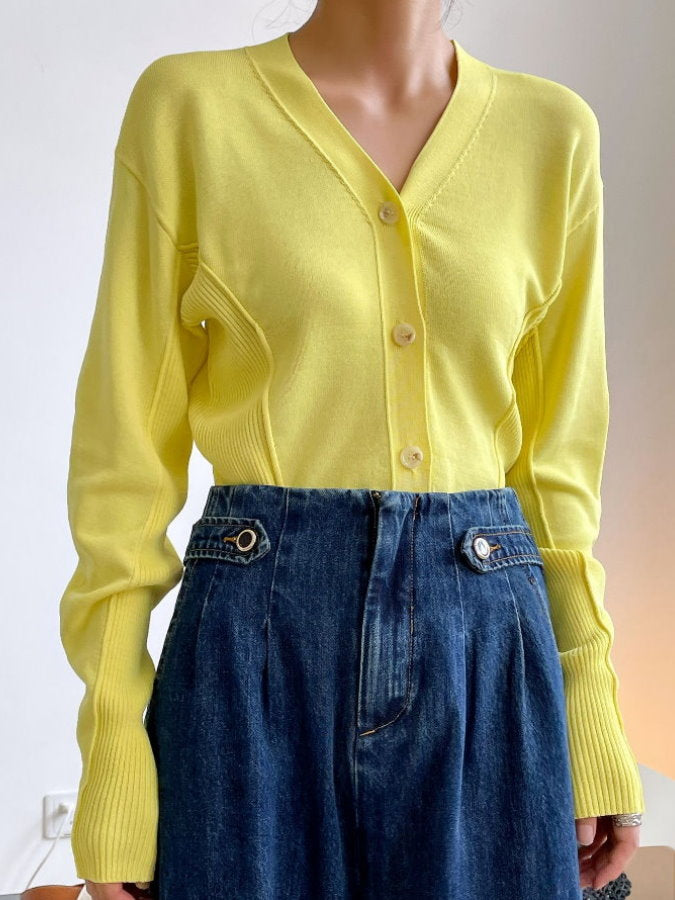 Ribbed Trim V-Neck Cardigan HL9792