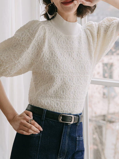 Embossed Lace Puff Sleeve Knit HL3417