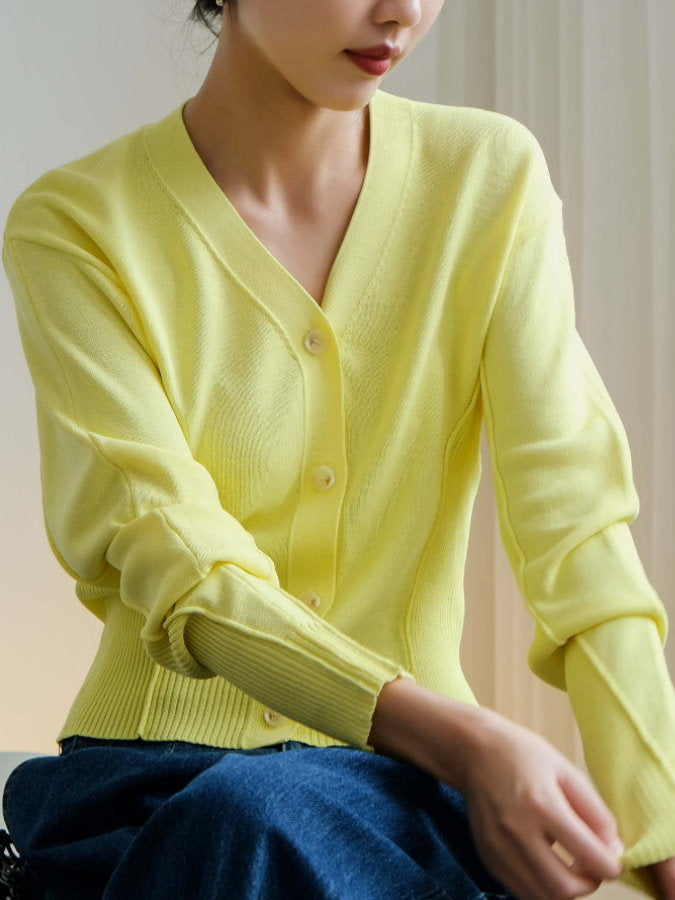 Ribbed Trim V-Neck Cardigan HL9792