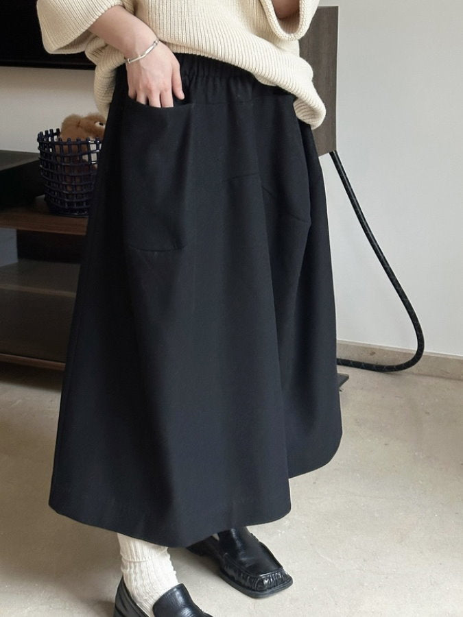 Waist Elastic A-Line Wool Skirt_BDHL4388