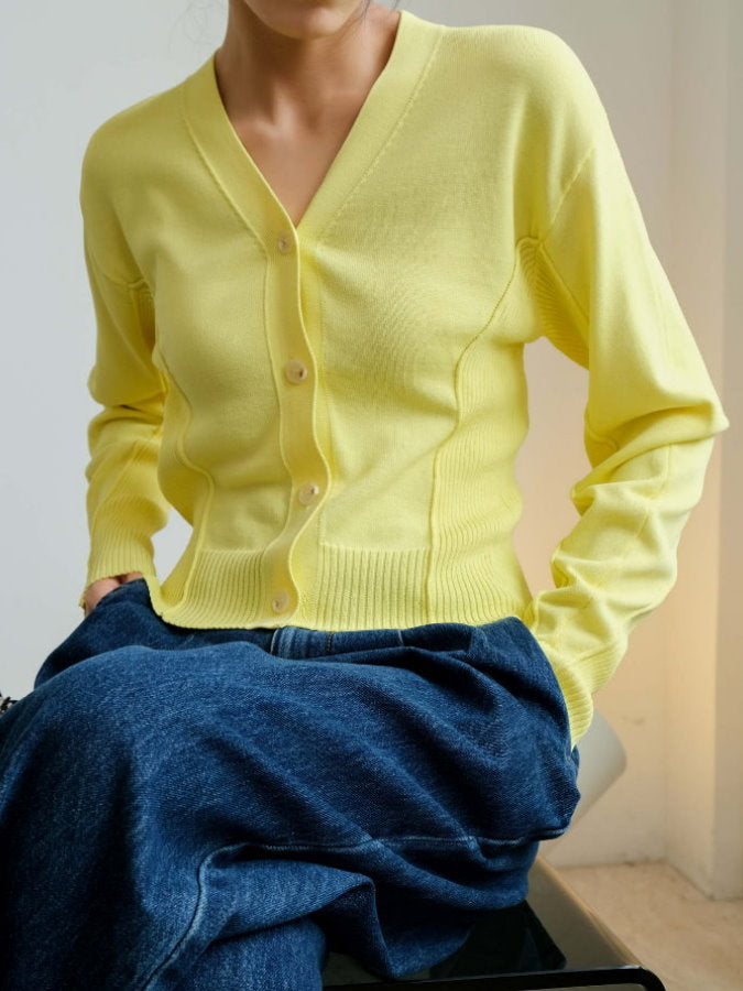 Ribbed Trim V-Neck Cardigan HL9792