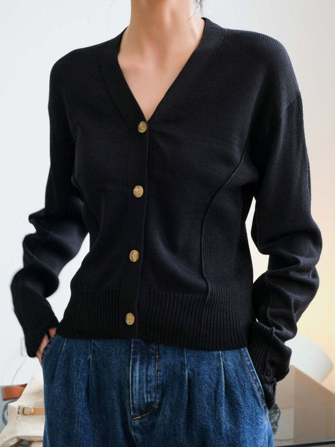 Ribbed Trim V-Neck Cardigan HL9792