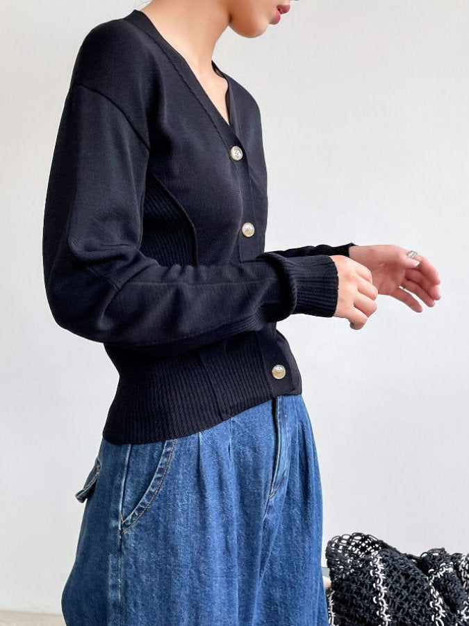 Ribbed Trim V-Neck Cardigan HL9792