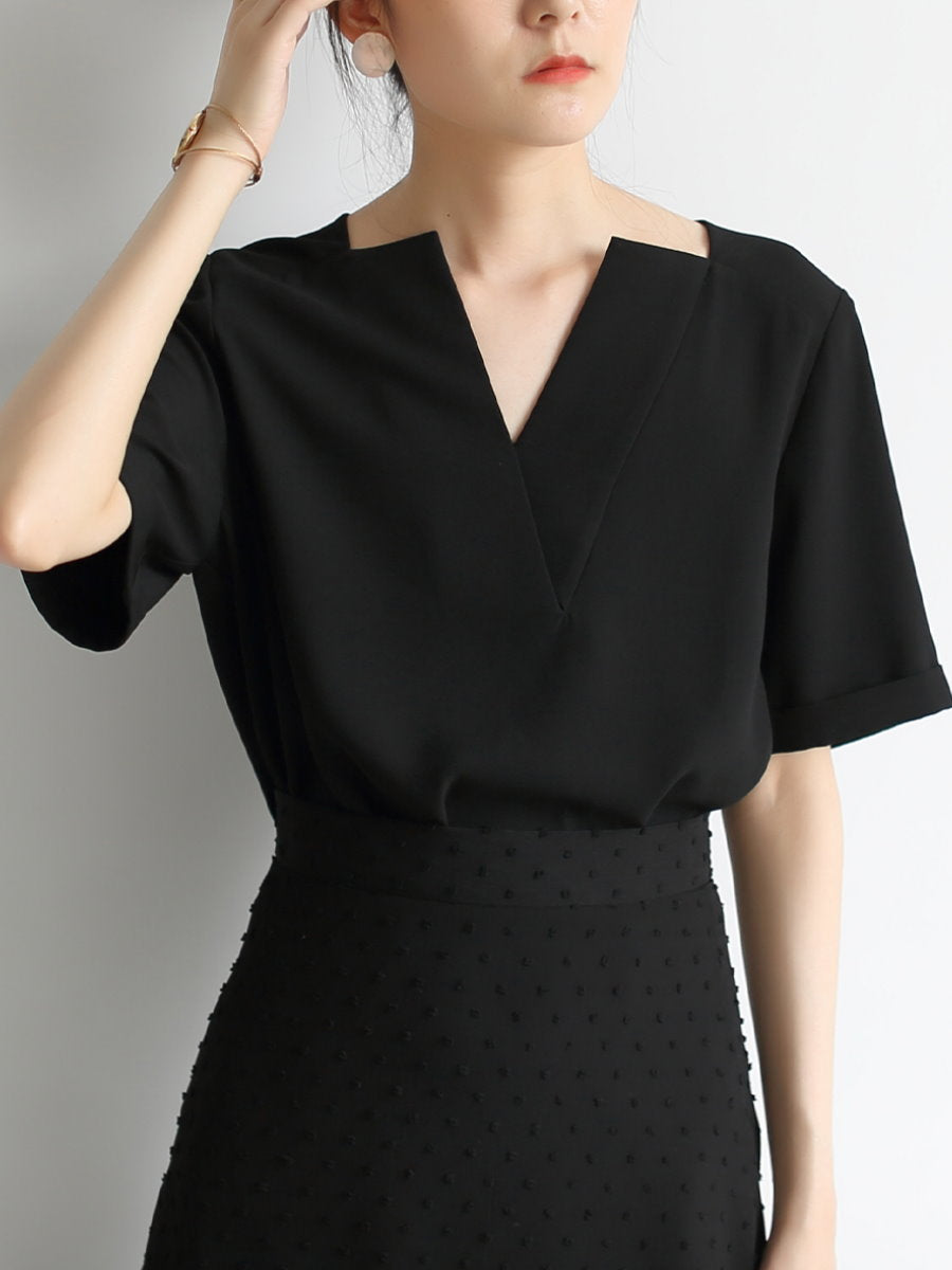 Deep V-neck chiffon shirt_8977
