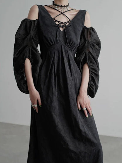 Lace up V neck puff sleeve dress_BDHL4418