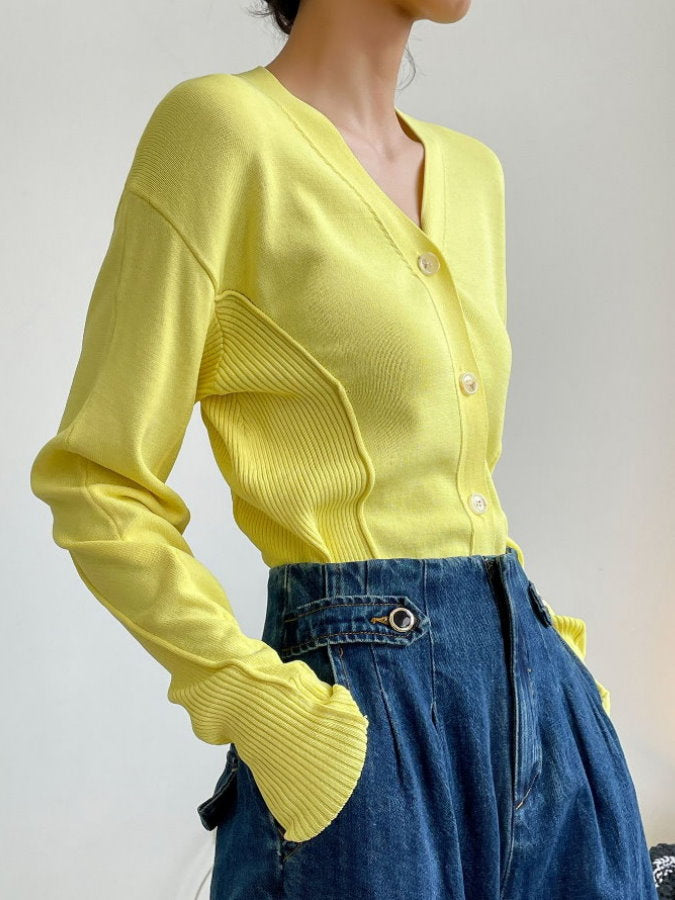 Ribbed Trim V-Neck Cardigan HL9792