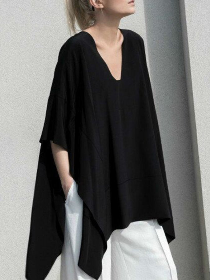 Irregular Hem Poncho V Neck T Shirt_HL3614