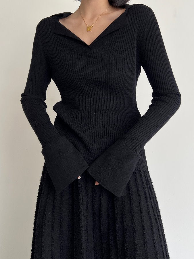Lapel Neck Ribbed Knit Pullover HL4241 - HELROUS