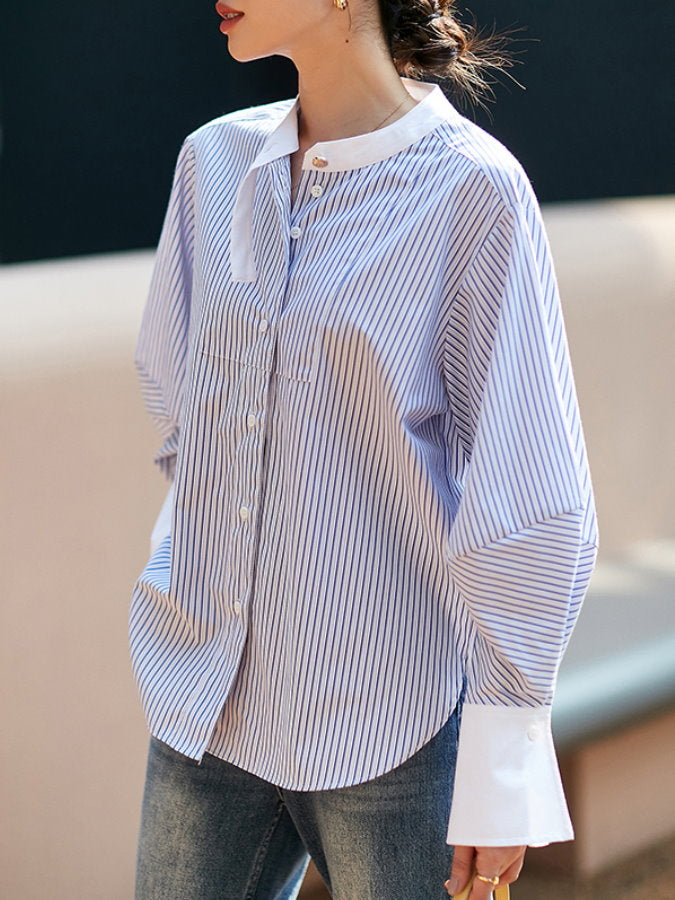 Striped Banded Collar Cleric Shirt HL3520