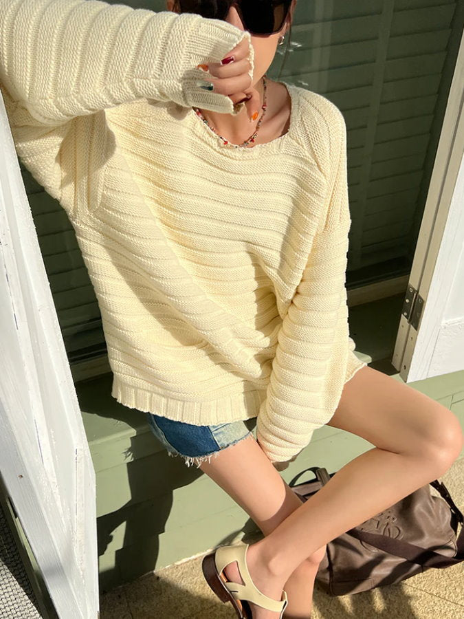 Square Neck Loose Knit Pullover_BDHL4357