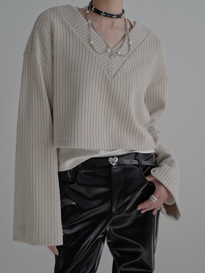 Deep V-neck cropped rib knit HL4082