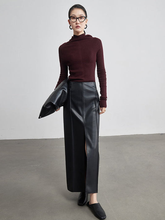Front Slit Eco Leather Long Skirt HL4174