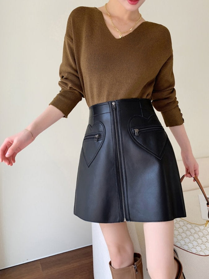 Front Zip Eco Leather Mini Skirt HL3884