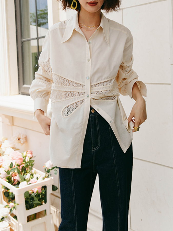 Sequined lace cut out blouse HL3680 - HELROUS